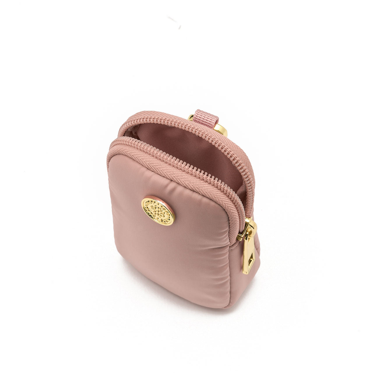 Rose clip-on pouch with gold clip, zipper, and hardware, standing upright with the zipper open, on a white background.