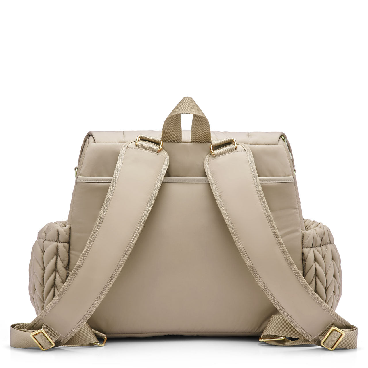 Levy Backpack Beige from the back, standing upright. Shows wide, padded backpack straps, top carry handle, back magnetic pocket, and side bottle pockets.