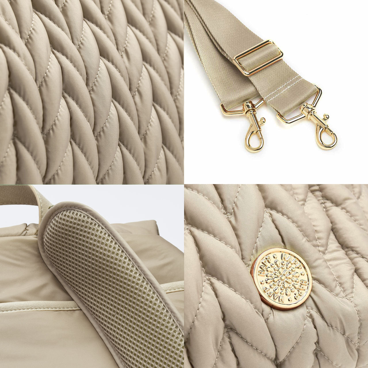 4-photo grid of Levy Backpack Beige details. Closeup of luxe 3D herringbone fabric, comfy breathable mesh on the padded backpack straps, and luxe gold hardware details on the detachable messenger strap and mommy pocket logo.