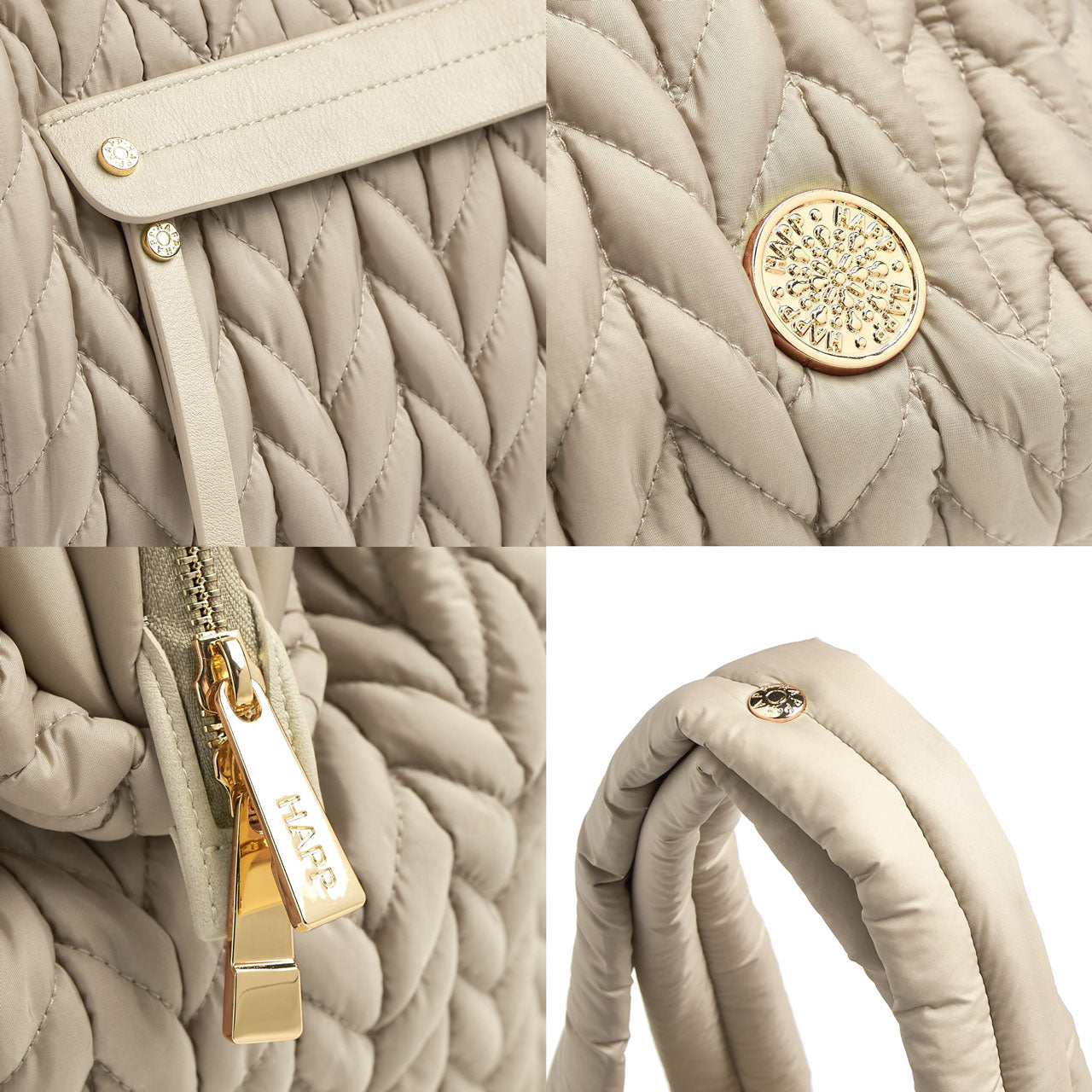 4-photo grid of Paige Carryall Beige details, including matching faux leather trim and zipper pull on mommy pocket, gold logo and zipper hardware details, and convenient snap on padded carry handles.