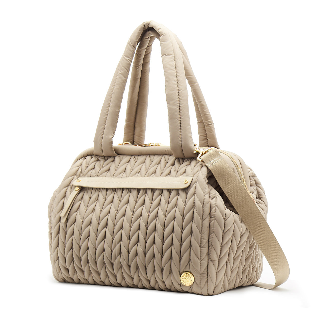 Paige Carryall purse handbag style diaper bag with quilted herringbone nylon in Beige with gold hardware with detachable messenger strap