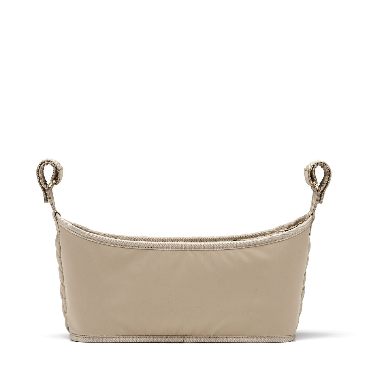 Back view of beige stroller organizer, empty and standing upright, on a white background.