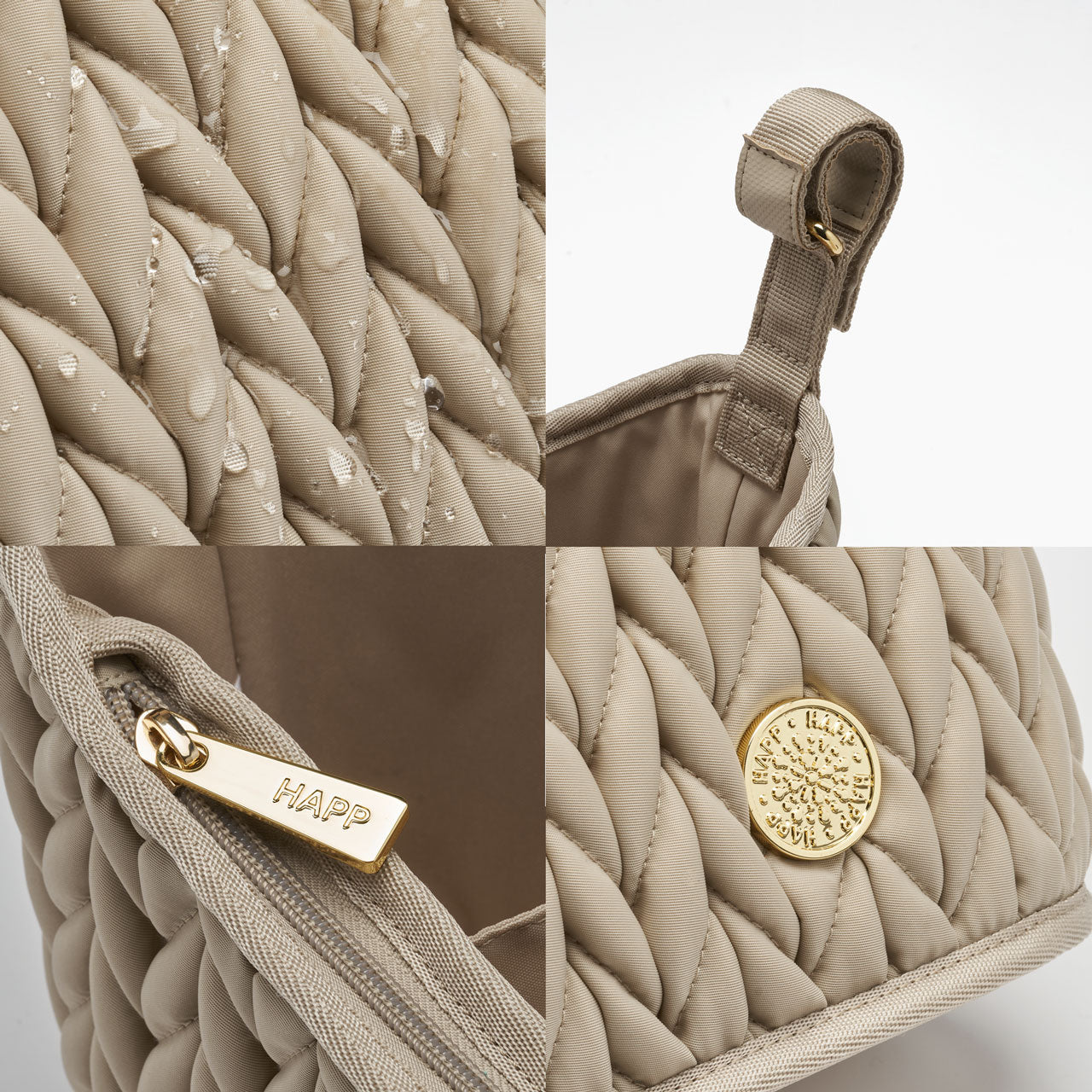 4-photo grid of beige stroller organizer details; water droplets on fabric shows wipeability, strap detail shows quality stitching and rubbery grip, plus gold HAPP branded hardware details.