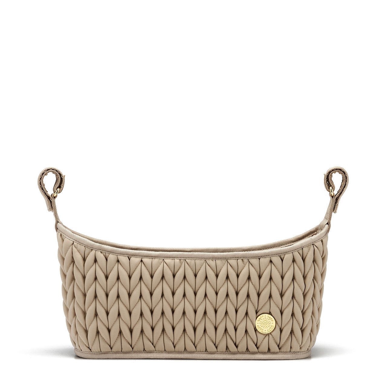 A beige stroller organizer with a quilted herringbone pattern, featuring two rubbery straps for attaching to a stroller handle.