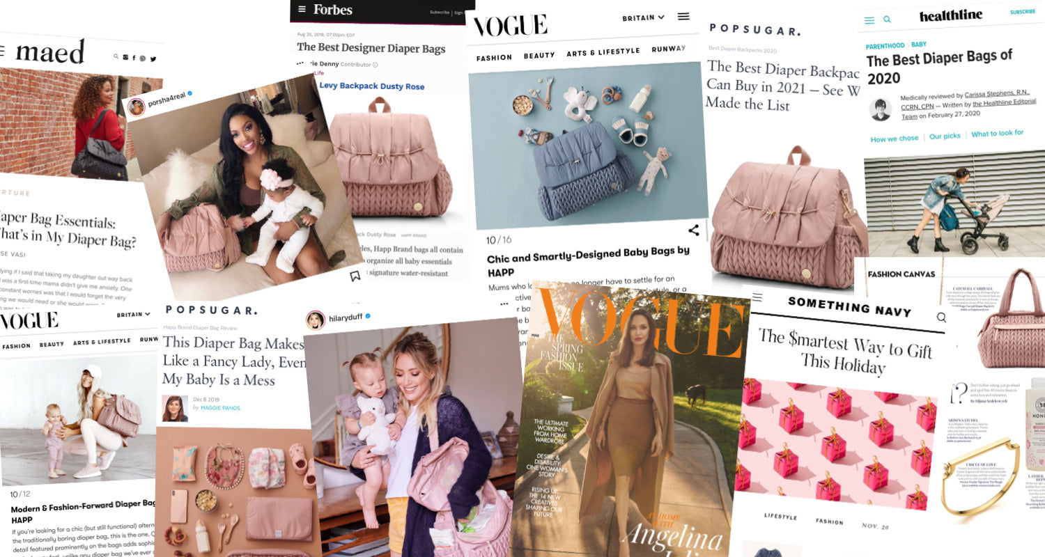 Collage of screenshots from HAPP Brand's press and celebrity mentions; featured in Vogue, Popsugar, Healthline, SomethingNavy, Forbes, Hilary Duff, Porsha Williams.