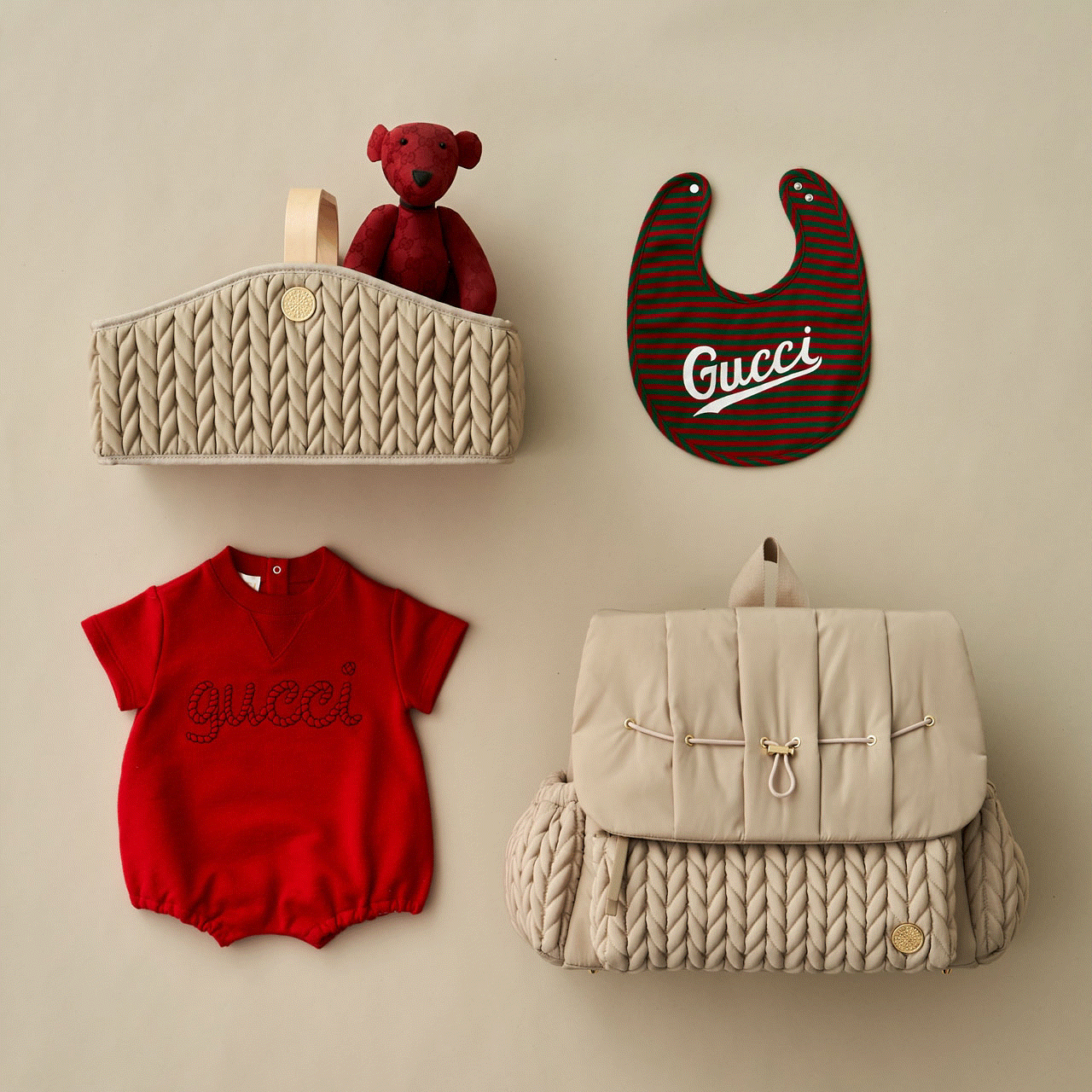 Moving GIF with Levy Backpack Beige and Diaper Caddy Beige arranged with red baby items. The Levy is opening and closing to show the wide opening and impeccable organization of HAPP diaper bags.