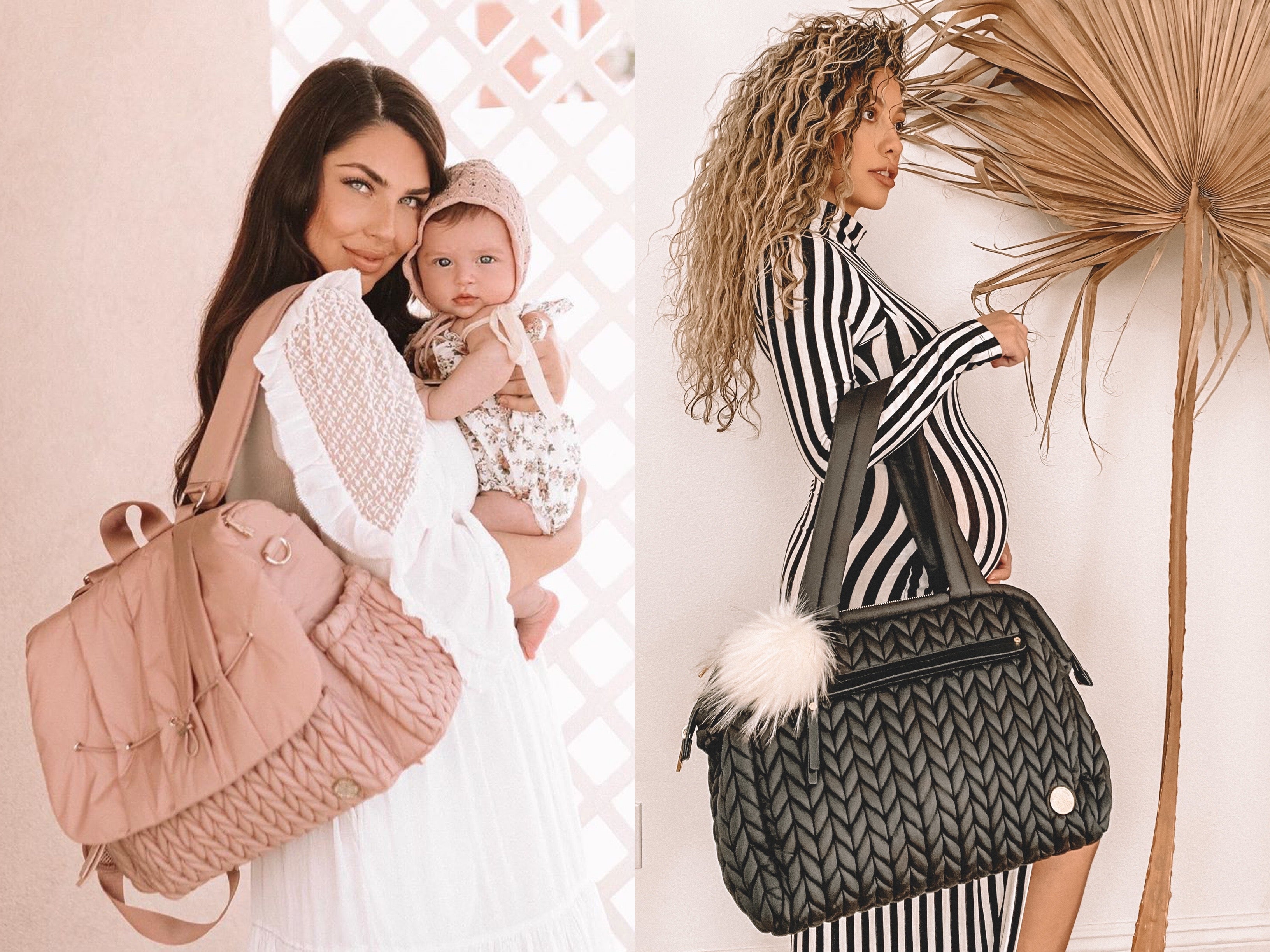 2-grid of photos; left shows a mom and baby girl dressed in white carrying Levy Rose by one padded backpack strap; right shows pregnant mom in white and black striped dress carrying Paige Black with Ivory Faux Fur Pouf attached.
