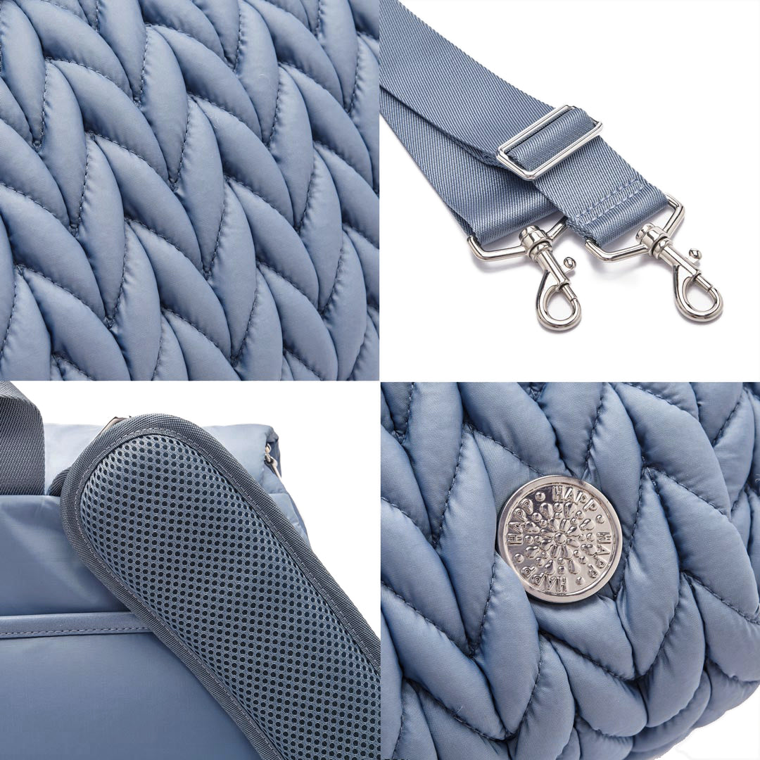 4-photo grid of Levy Backpack Ash Blue details. Closeup of luxe 3D herringbone fabric, comfy breathable mesh on the padded backpack straps, and luxe silver hardware details on the detachable messenger strap and mommy pocket logo.