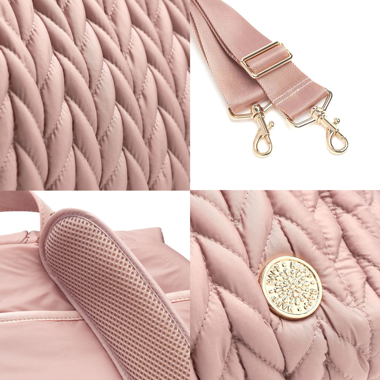 4-photo grid of Levy Backpack Dusty Rose details. Closeup of luxe 3D herringbone fabric, comfy breathable mesh on the padded backpack straps, and luxe gold hardware details on the detachable messenger strap and mommy pocket logo.