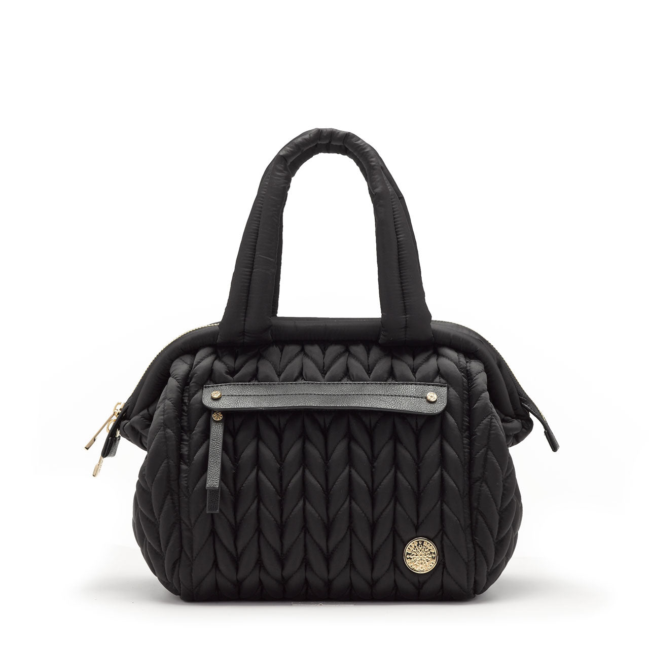 A black structured diaper bag with a quilted design, featuring a main compartment, a front pocket, and carrying handles.