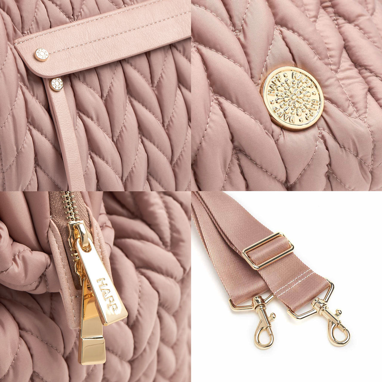 Details of the Paige Mini Rose's mommy pocket's faux leather zipper pull, gold logo and zipper details, and gold hardware on messenger strap.