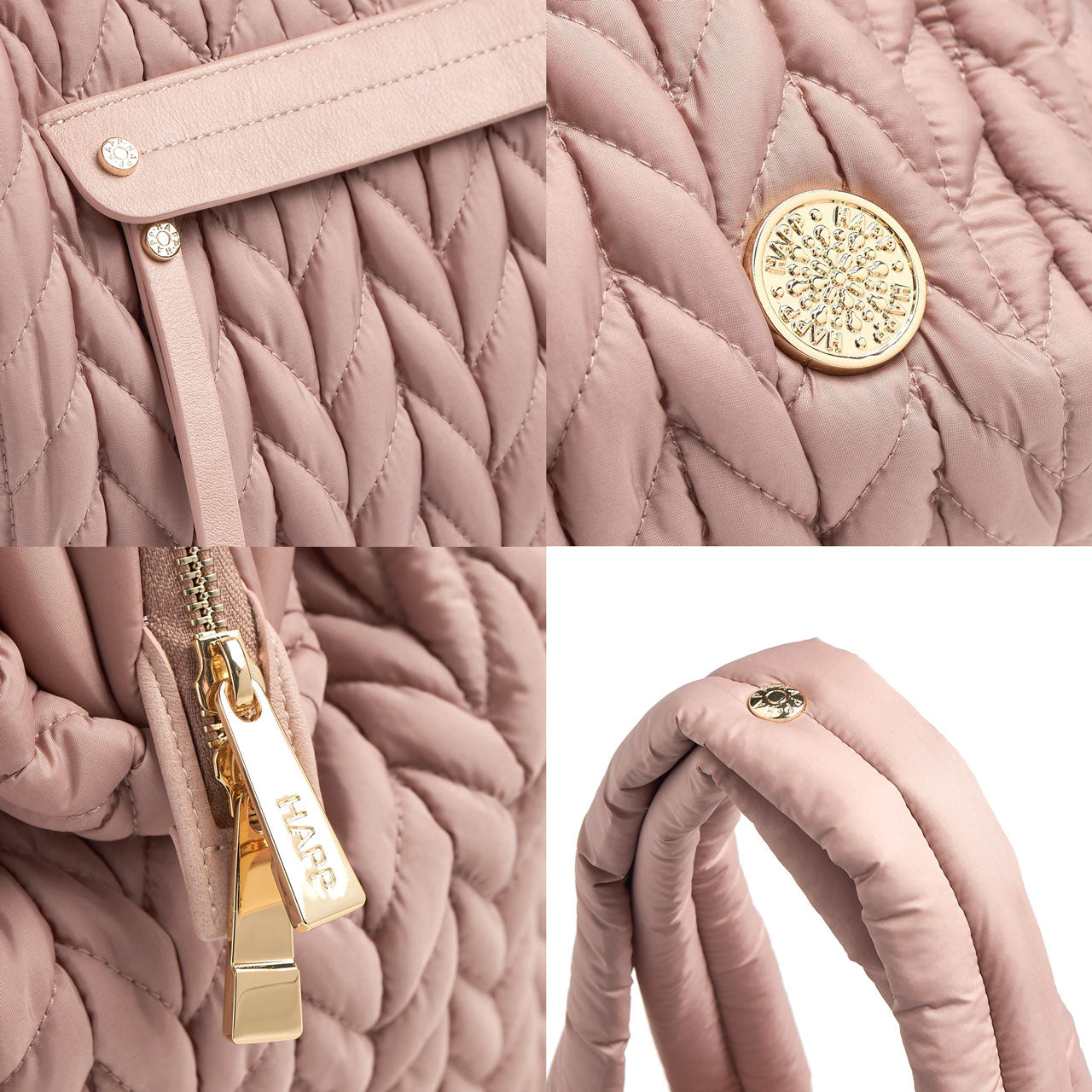 4-photo grid of Paige Carryall Rose details, including matching faux leather trim and zipper pull on mommy pocket, gold logo and zipper hardware details, and convenient snap on padded carry handles.