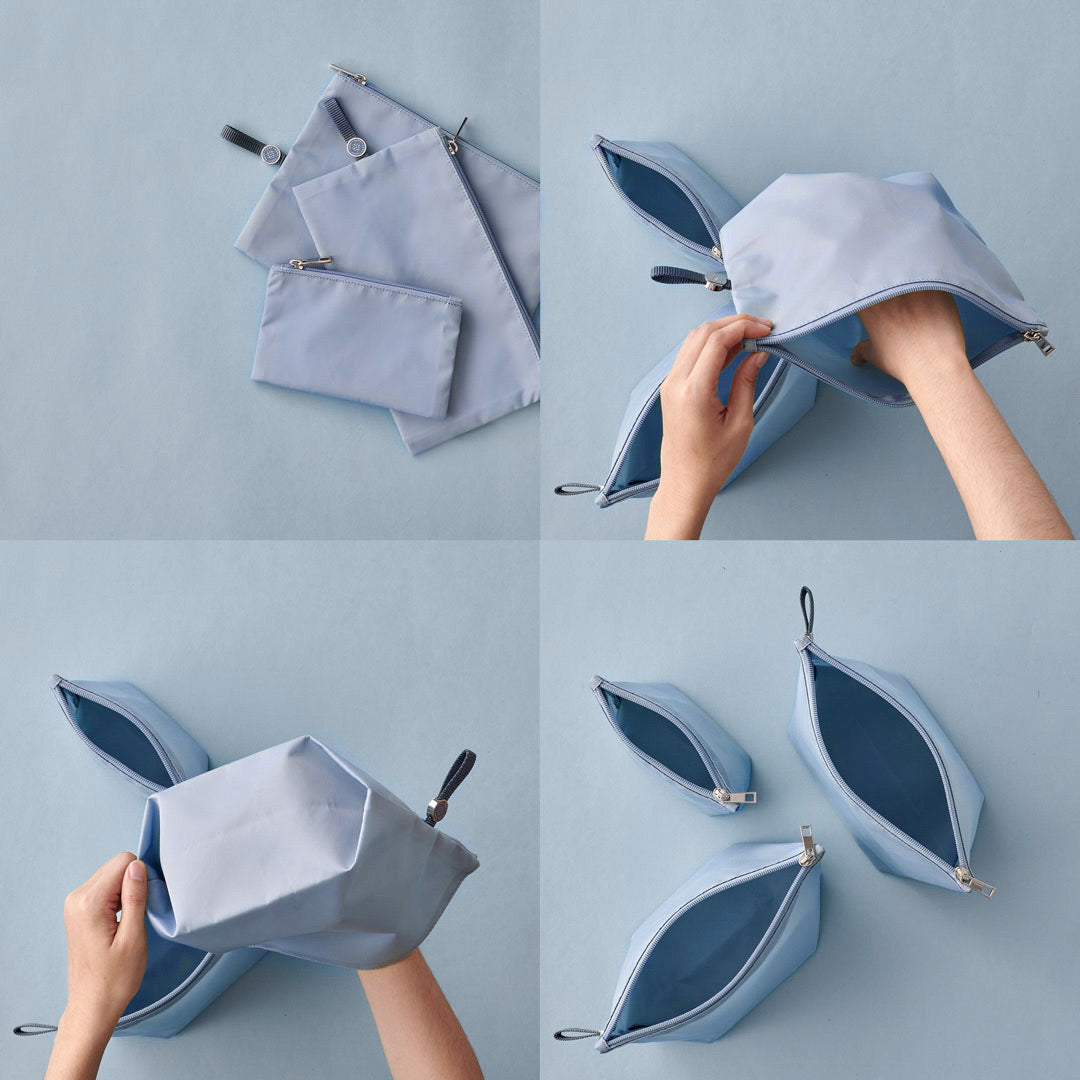4-photo grid of blue pouches lying flat, then a hand expanding them, then a hand showing the gusset bottom, then all 3 pouches sitting upright and open to demonstrate expandability.