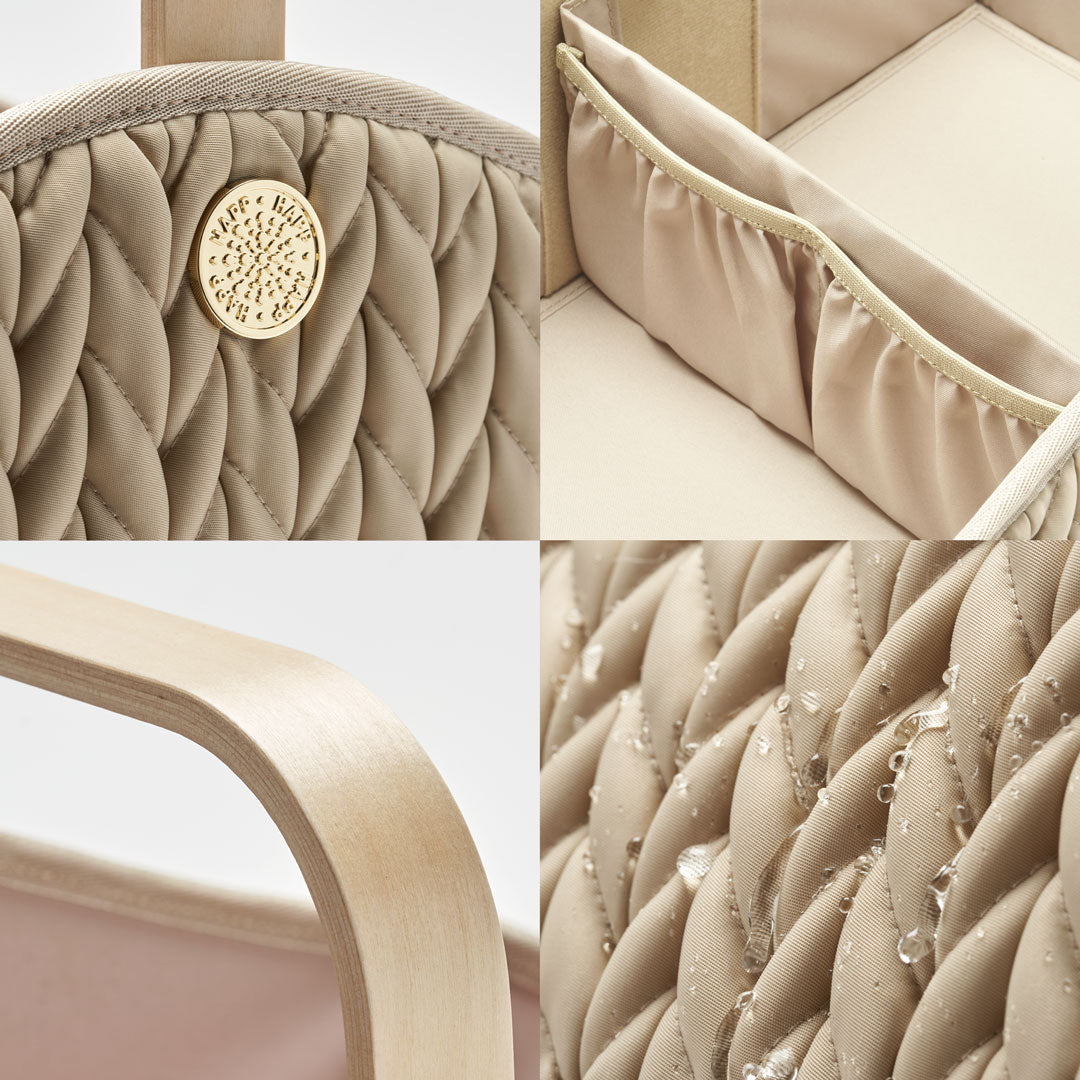 4-photo grid of Beige Diaper Caddy details; gold hardware on 3D herringbone, detachable pocket divider, sleek lightweight wooden handle, and water droplets on water-resistant wipeable fabric.