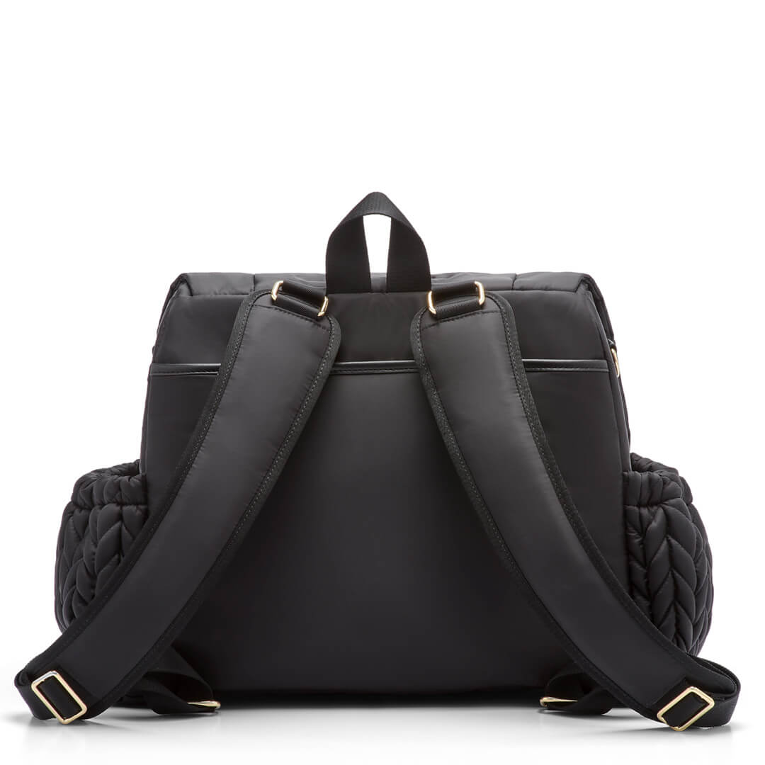 Levy Backpack Black from the back, standing upright. Shows wide, padded backpack straps, top carry handle, back magnetic pocket, and side bottle pockets.