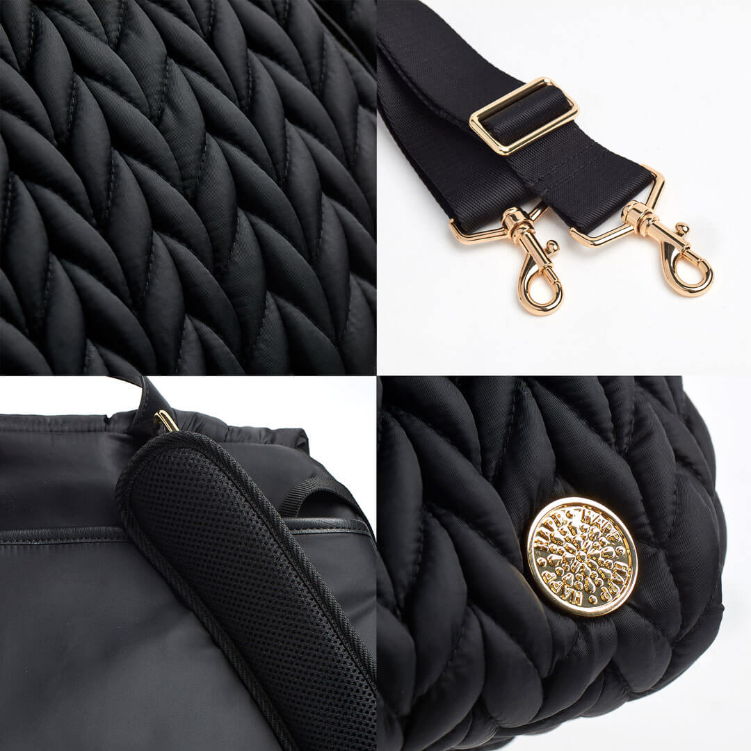 4-photo grid of Levy Backpack Black details. Closeup of luxe 3D herringbone fabric, comfy breathable mesh on the padded backpack straps, and luxe gold hardware details on the detachable messenger strap and mommy pocket logo.