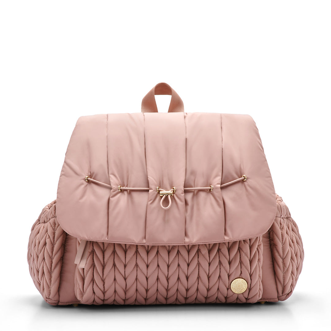 A Rose Levy backpack with a wide zippered flap and wide straps, featuring a quilted pattern on the front compartment and a gold logo emblem.