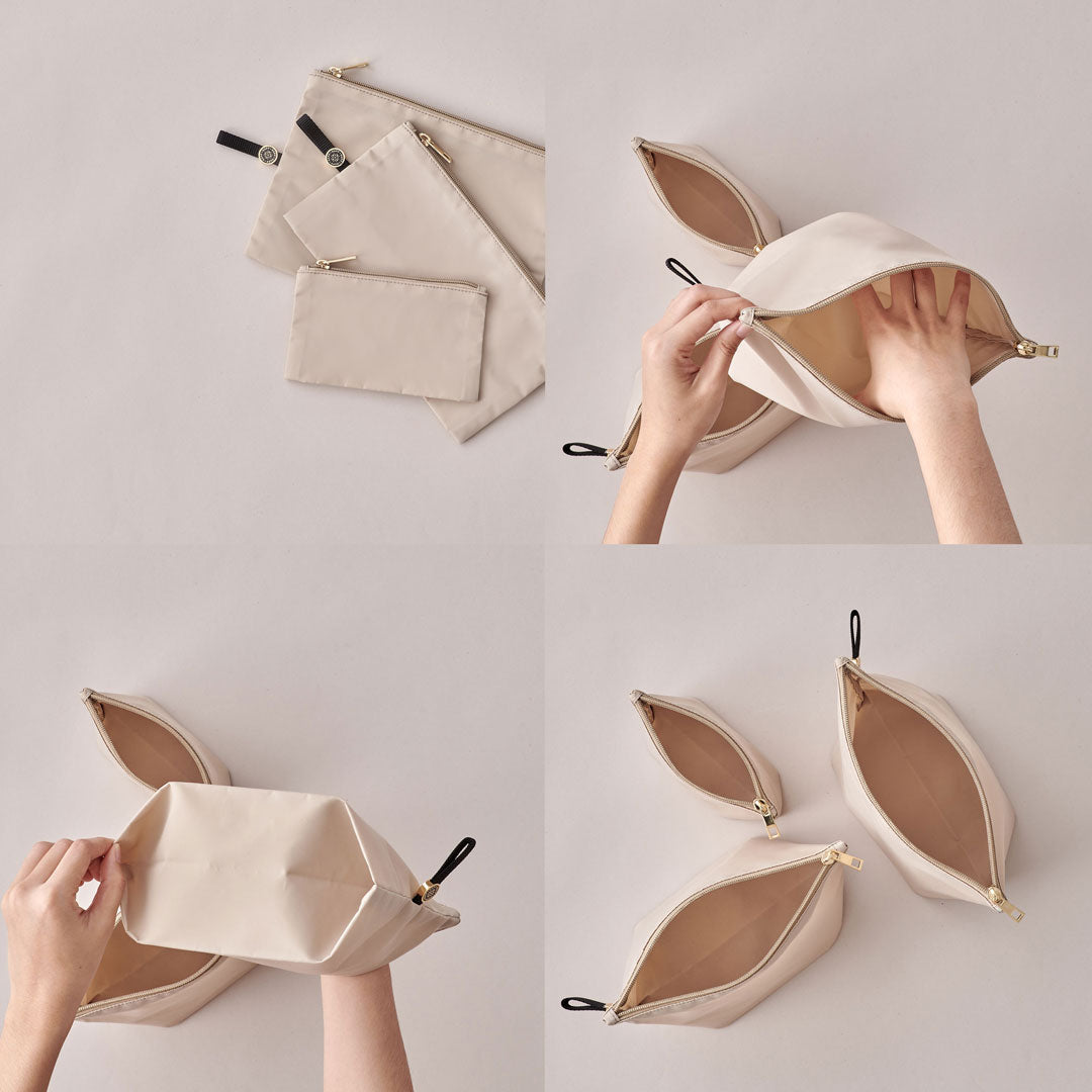 4-photo grid of beige pouches lying flat, then a hand expanding them, then a hand showing the gusset bottom, then all 3 pouches sitting upright and open to demonstrate expandability.