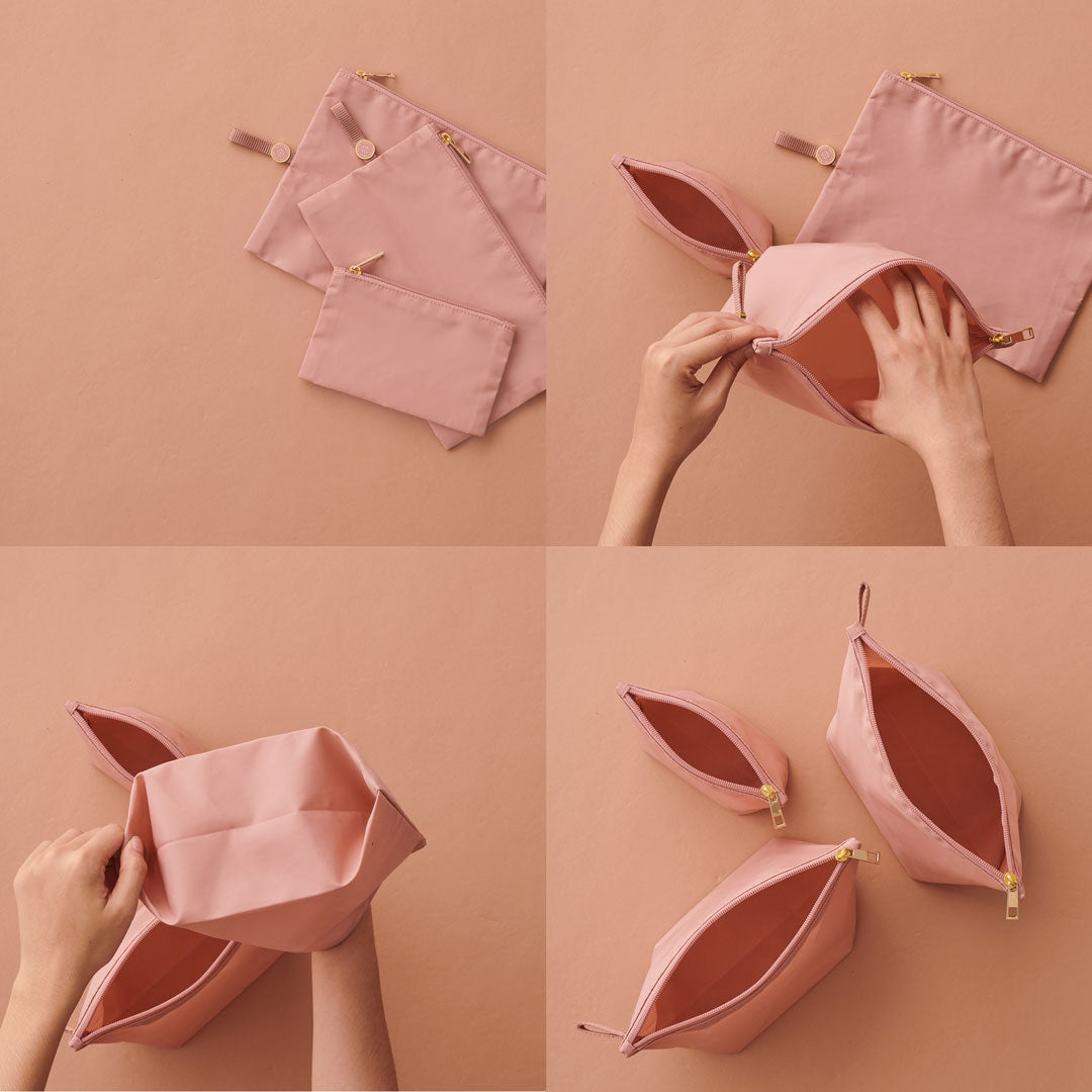 4-photo grid of rose pouches lying flat, then a hand expanding them, then a hand showing the gusset bottom, then all 3 pouches sitting upright and open to demonstrate expandability.