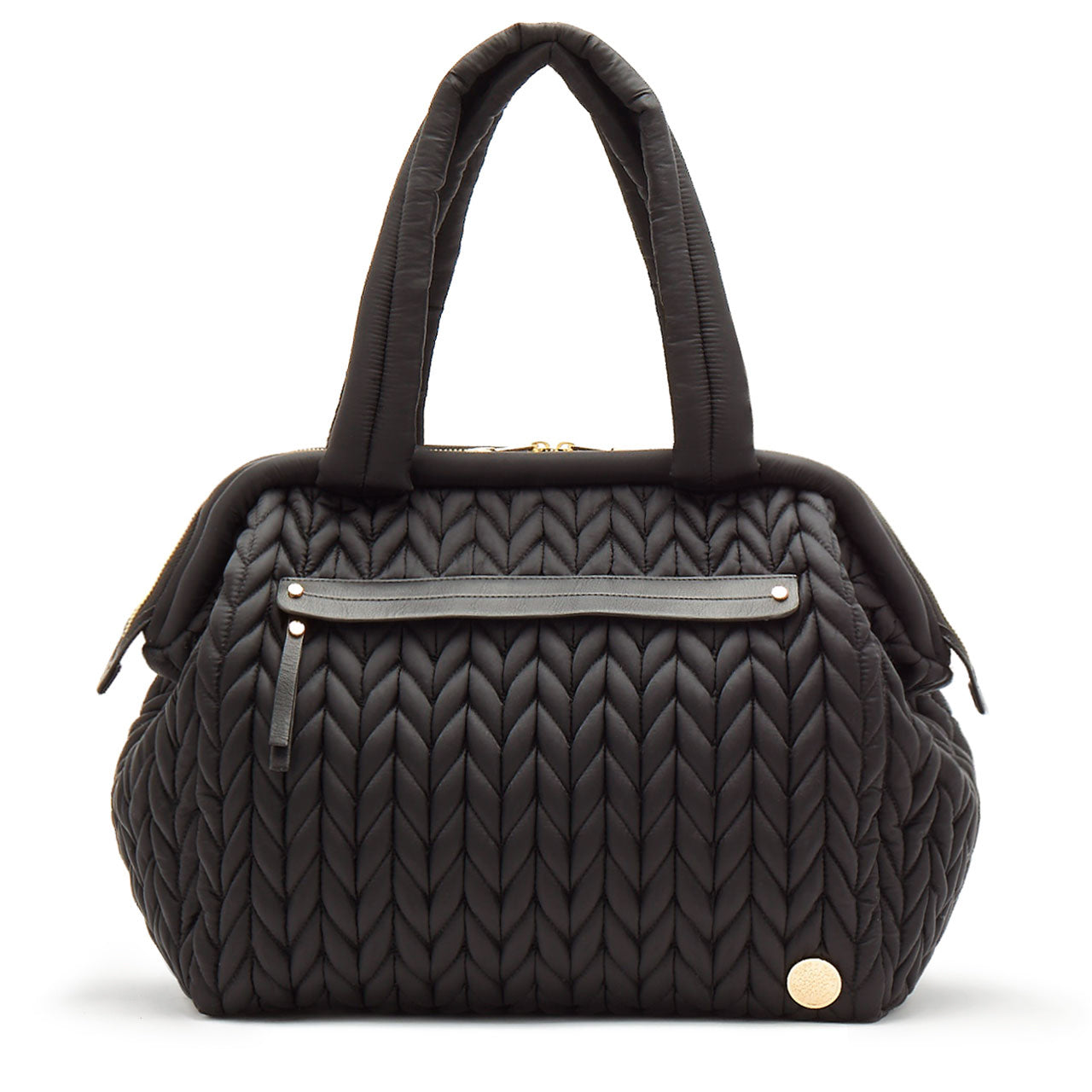 A black structured diaper bag with a quilted design, featuring a wide top opening, external pockets, and a branded gold accent.