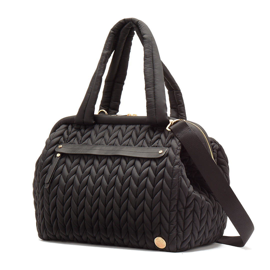 Paige Carryall purse handbag style diaper bag with quilted herringbone nylon in Black with gold hardware with detachable messenger strap