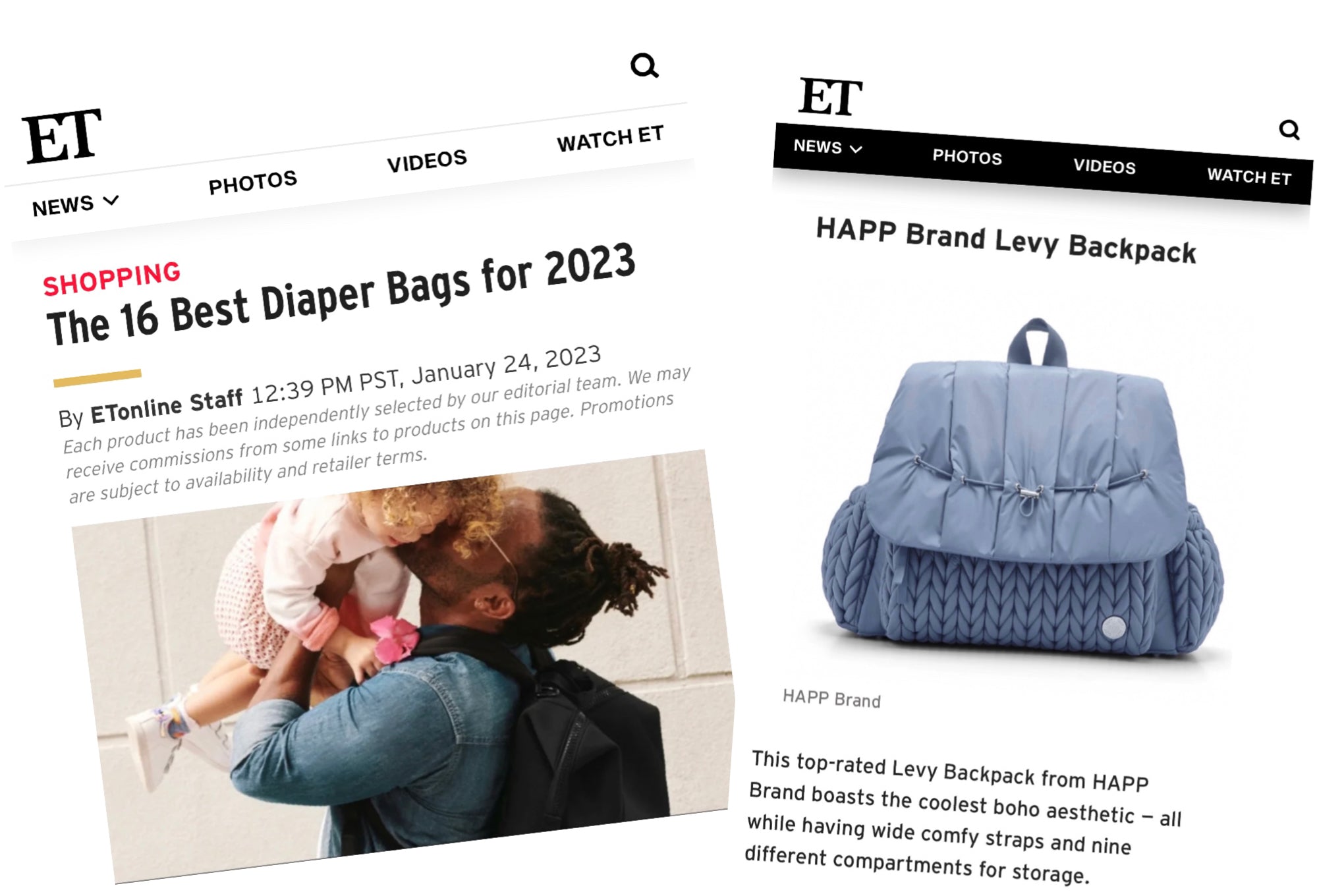 Screenshot of ET article, 16 Best Diaper Bags for 2023. Featuring Levy Backpack in Ash Blue, front shot.
