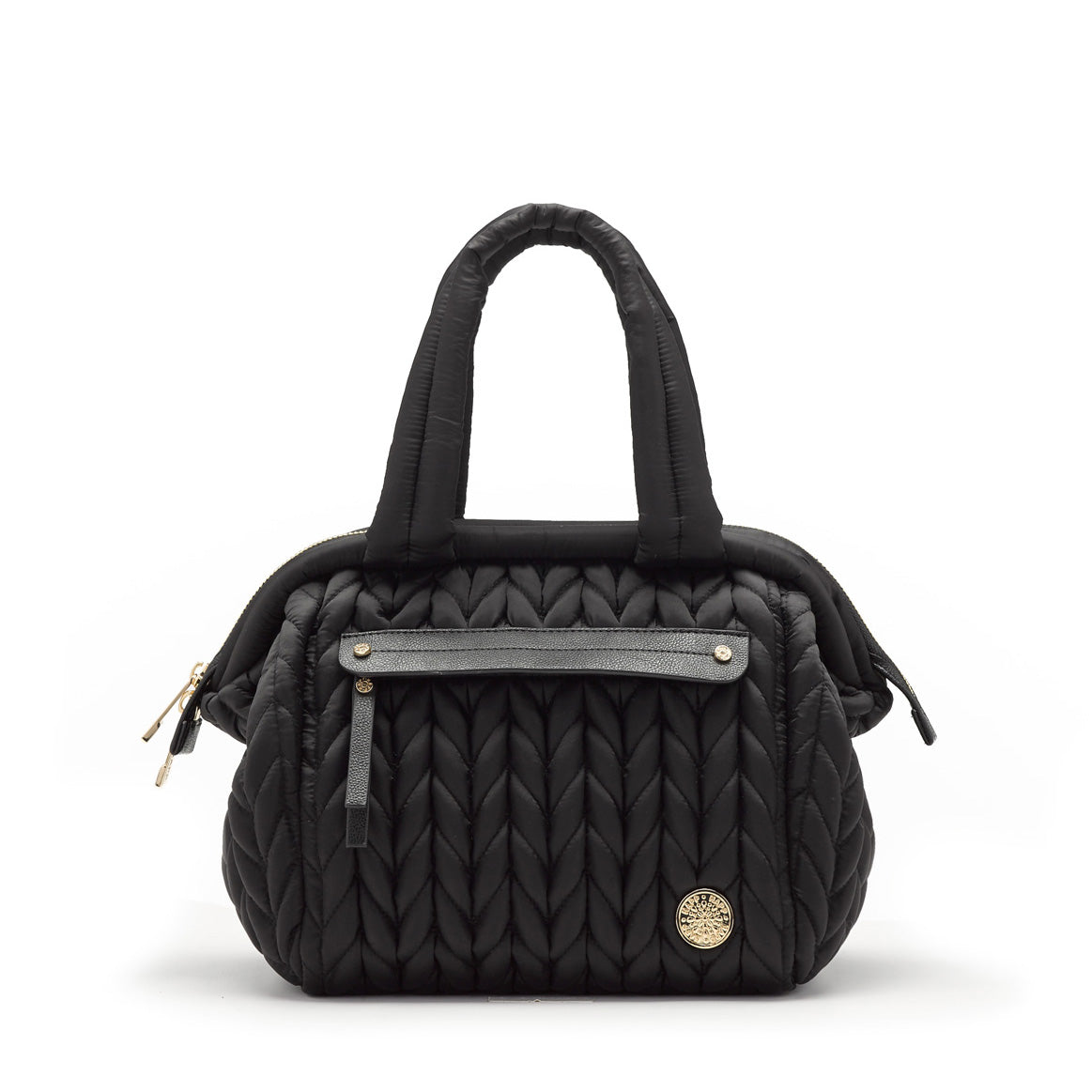 Paige mini purse small handbag style diaper bag in classic black quilted herringbone nylon with gold hardware