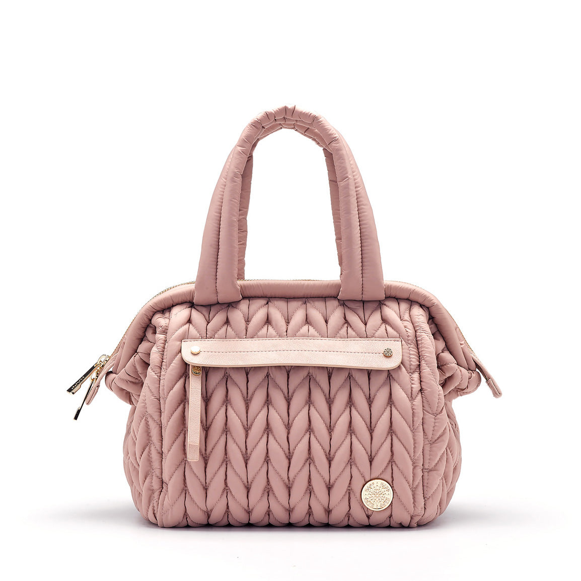 Paige mini purse small handbag style diaper bag in dusty rose blush pink quilted herringbone nylon with gold hardware