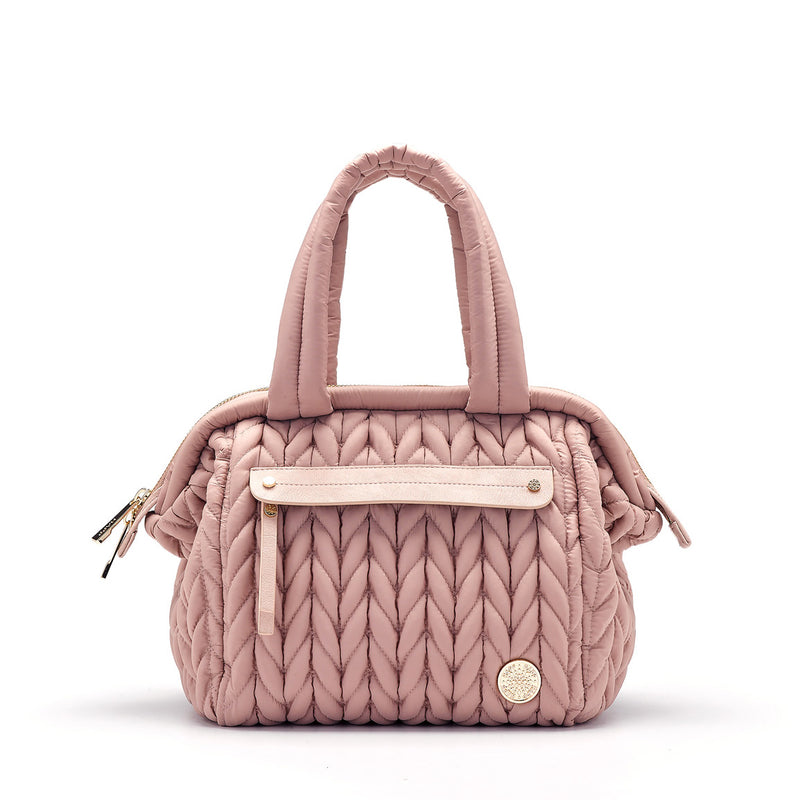 Paige mini purse small handbag style diaper bag in dusty rose blush pink quilted herringbone nylon with gold hardware